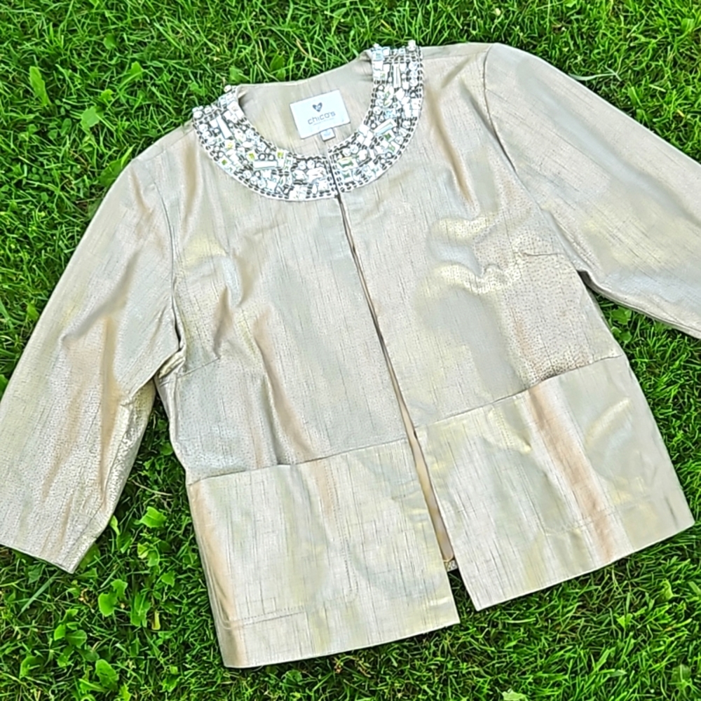 Chico's Genuine Leather Gold and Blingy Embellished Jacket/Blazer/Coat, …